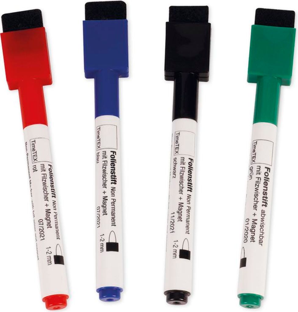 TimeTEX Set Folienstifte Non Permanent mit Filzwischer + Magnet, 4tlg.