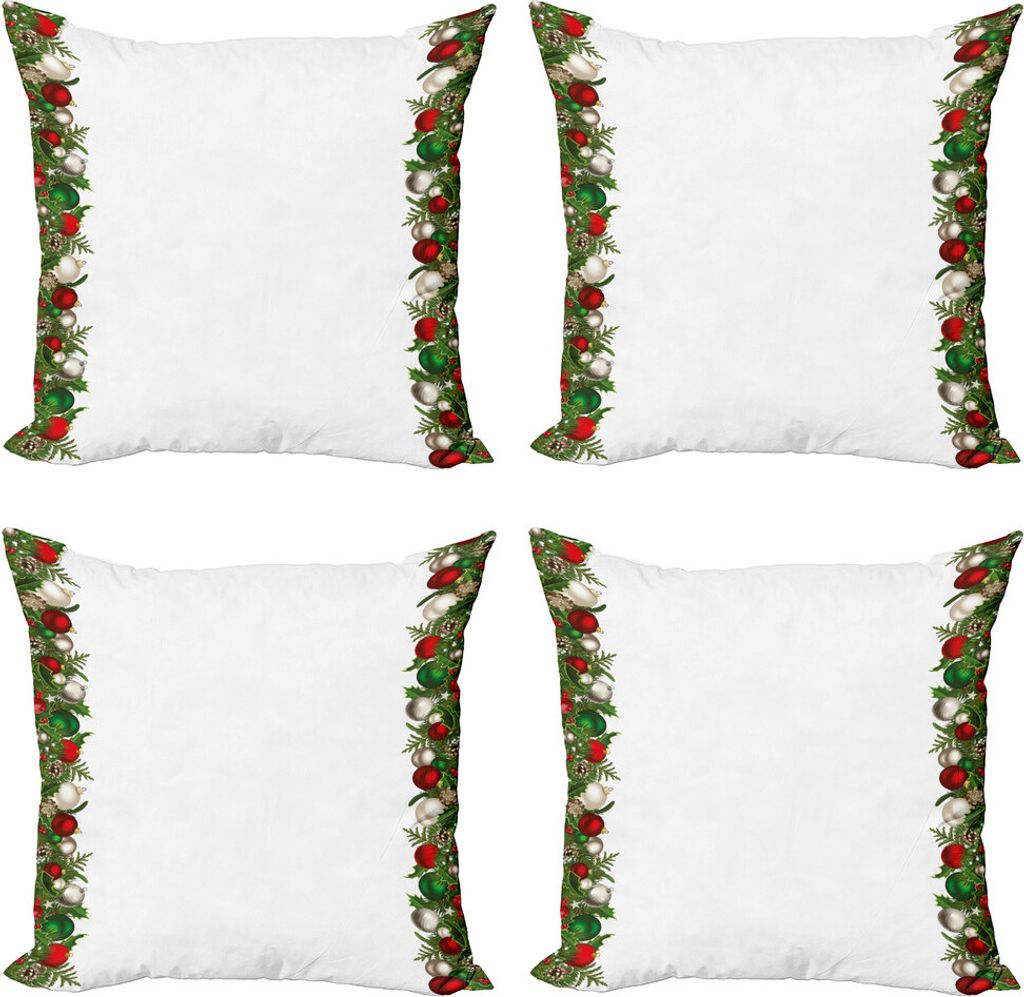 ABAKUHAUS Weihnachten Kissenbezug Set (4 Stück), Pine Spikes Beeren, Moderner Doppelseitiger Digitaldruck, 45 cm x 45 cm, Dunkelgrün Rot und Grau