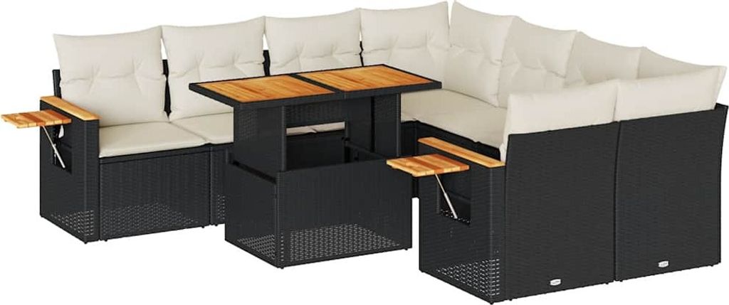 vidaXL 9-tlg. Garten-Sofagarnitur mit Kissen Schwarz Poly Rattan