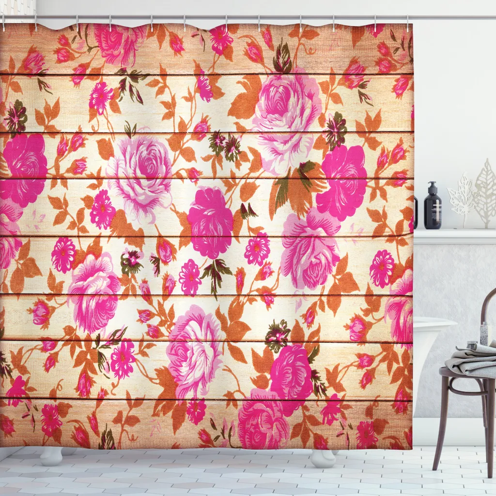 ABAKUHAUS Tenda da doccia Rose, rose su sfondo legno, tessuto facile da pulire con 12 ganci, impermeabile, resistente allo scolorimento e ai batteri, 175 x 220 cm, rosa arancione