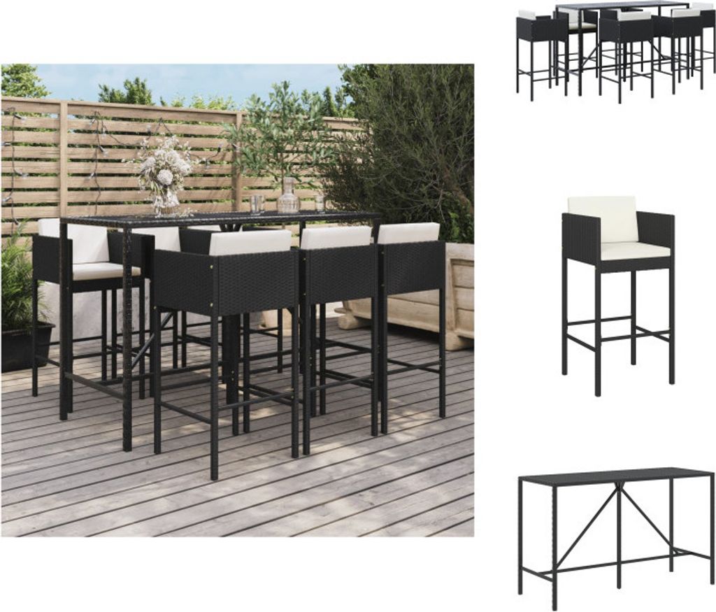 vidaXL 7-tlg. Gartenbar-Set mit Kissen Schwarz Poly Rattan - Gartenmöbel-Sets