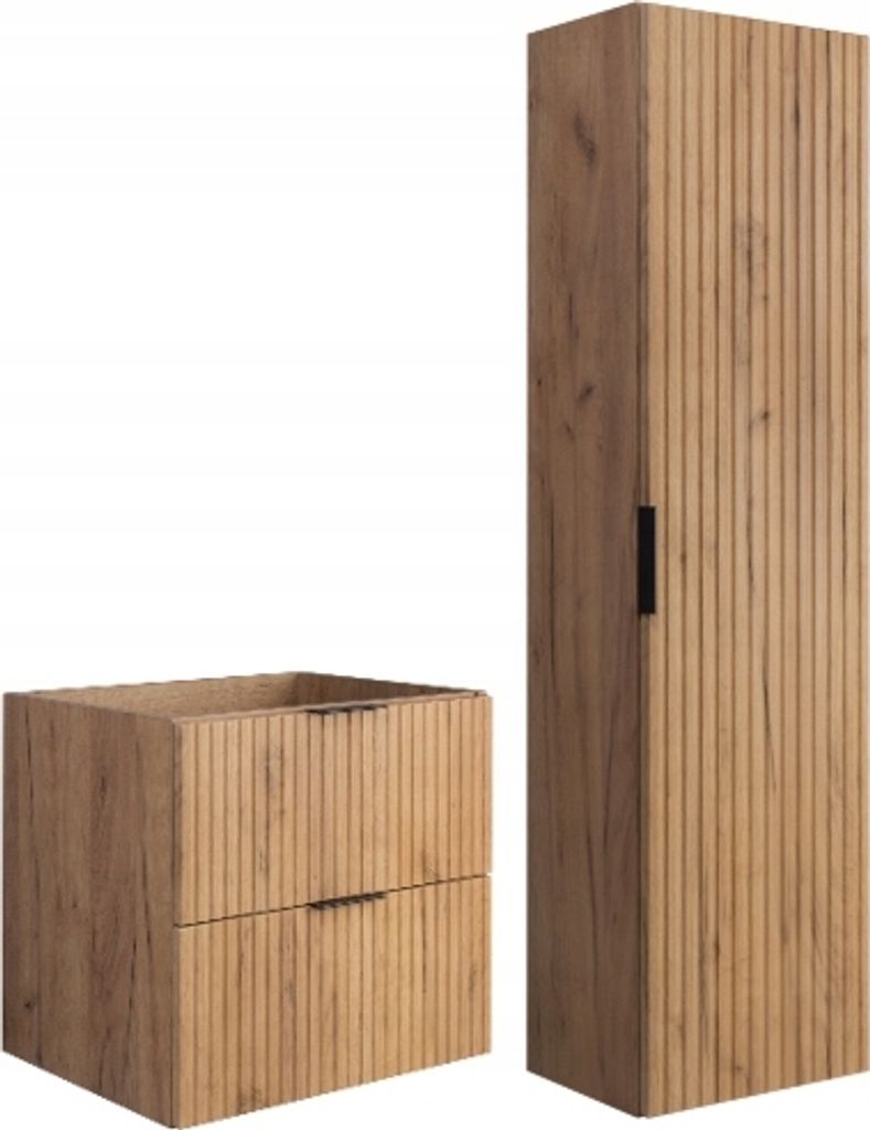 Rodan | Badmöbel Set - Braun Matt - Craft Eiche | 60/57/46 cm & 35/136/27 cm | Waschbeckenunterschränke, Bad Möbel, Hochschrank, Badezimmerschränk