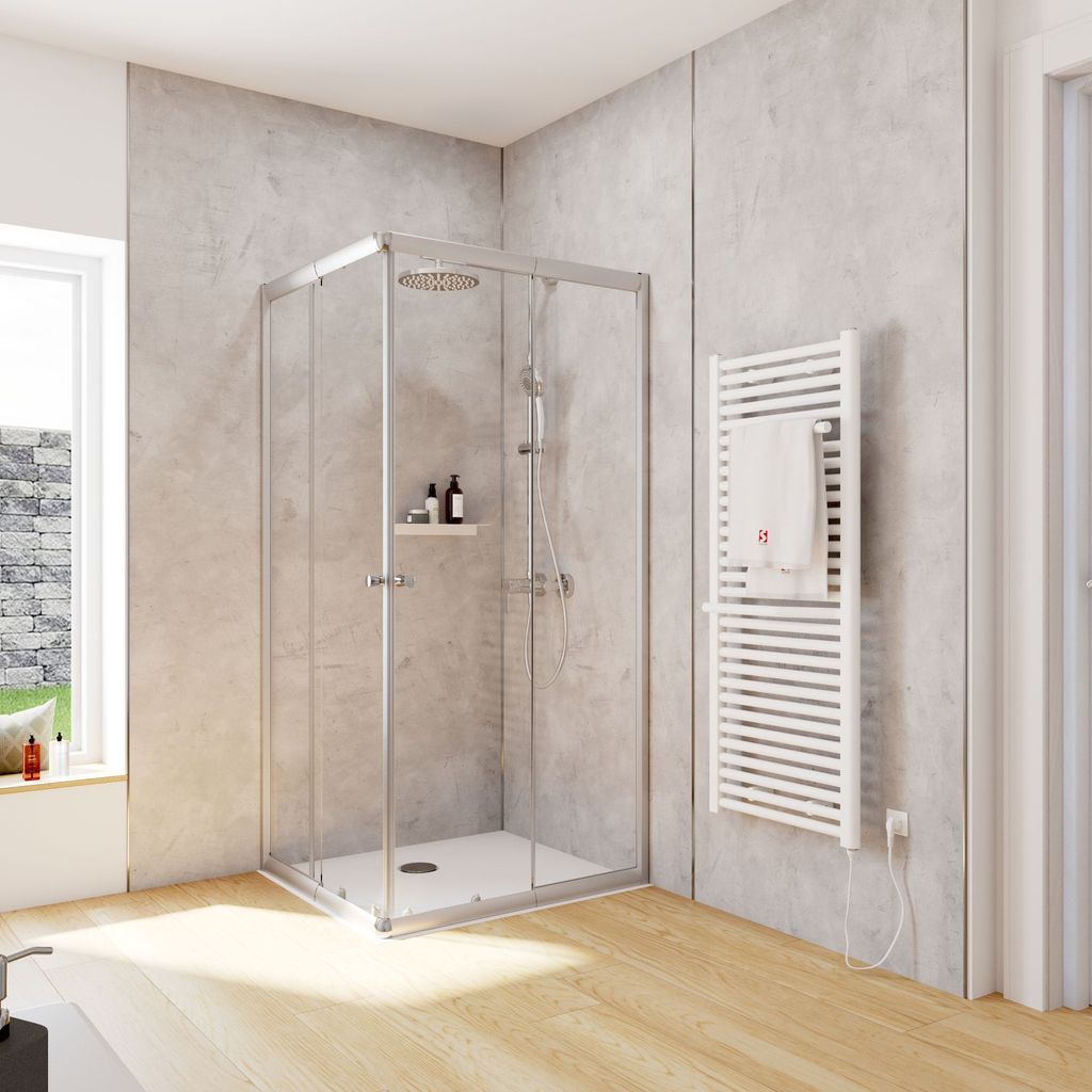 Schulte Duschkabine Corner Eckeinstieg mit Schiebetüren, Montage auf Duschwanne oder Fliese, 4mm ESG Sicherheitsglas, Höhe: 180 cm, 80 x 90 cm, P...