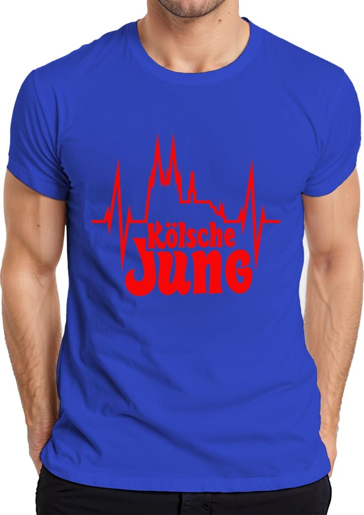 Kölsche Jung Köln Skyline Dom Herzschlag Karneval Heimat Fasching Herren T-Shirt, Blau, M