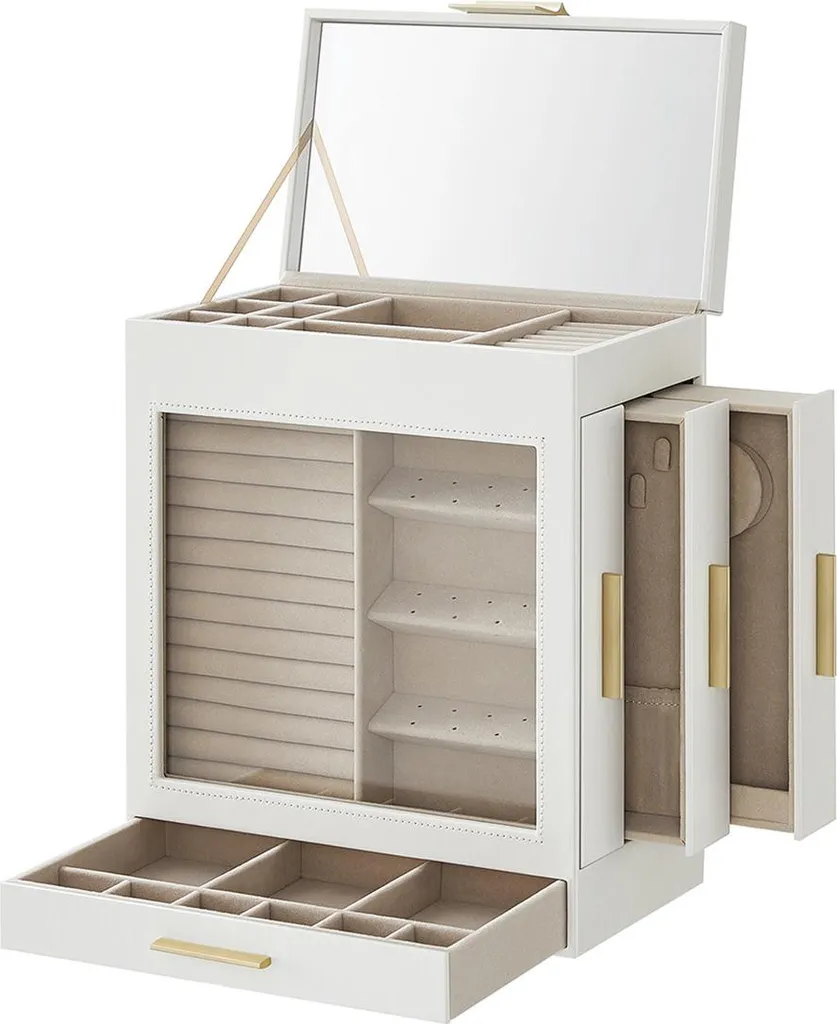 Coffret bijoux vitré anti-poussière, blanc or, rangement idéal cadeaux