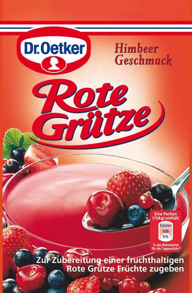 Dr. Oetker Rote Grütze Himbeer Geschmack cremig und lecker Produktbild 