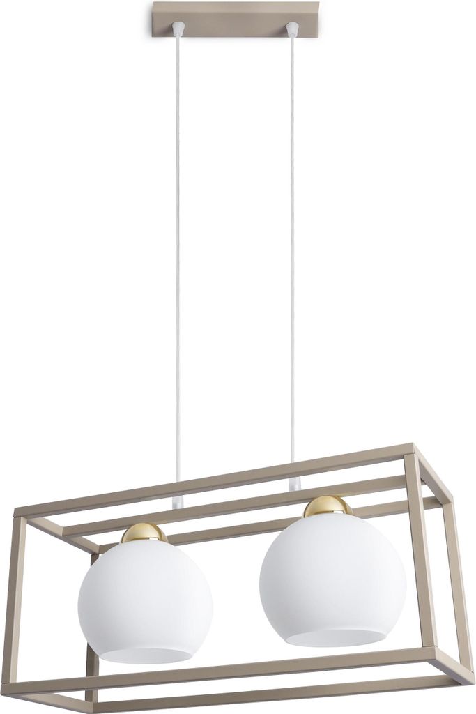 Hängeleuchte Eliza Cage kaschmir-gold 2-flammig mit weißen Schirmen E27 – elegante Pendelleuchte fürs Wohnzimmer