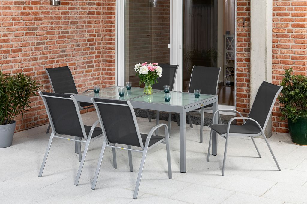 Merxx Gartenmöbelset "Sorrento" 7tlg. mit Ausziehtisch 120/180 x 90 cm - Aluminiumgestell Silber mit Textilbespannung Anthrazit