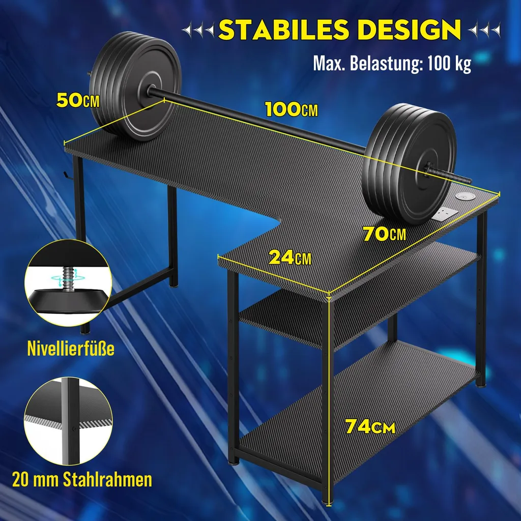 Table d'ordinateur en forme de L avec étagère Bureau Gaming 100cm