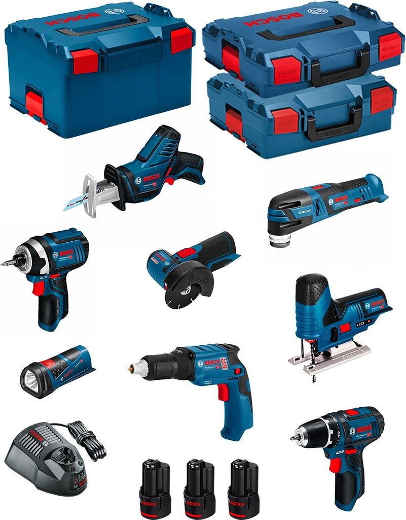 BOSCH Kit 12V BMK8-28AD3 (GSR 12V-15+GTB 12V-11+GDR 12V-105+GWS 12V-76+GST 12V-70+GOP 12V-28+GSA 12V-14+GLI 12V-80+3 x 2,0Ah)