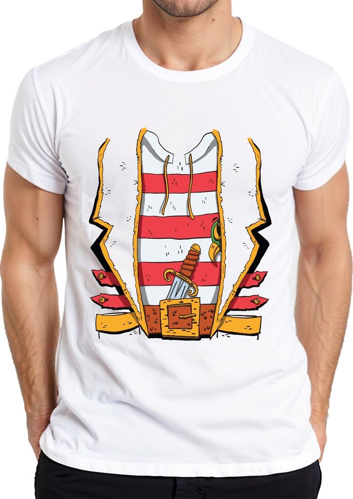 Seeräuber Pirat Dolch Gürtel gestreift Weste Karneval Vintage Herren T-Shirt, Weiß, 3XL