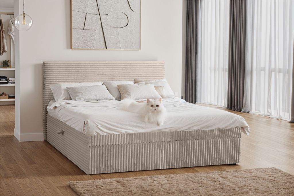 Kaiser Möbel Boxspringbett mit bettkasten und topper TRENTO, ohne Bein stoff Plüsch Cord 140x200 cm Beige H3