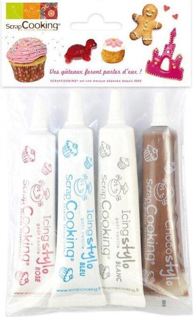 4 Zuckerguss-Stifte - weiß, rosa, blau, braun