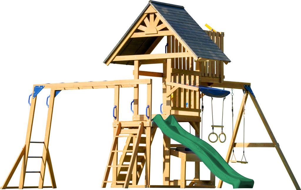 AXI Mitch Spielturm aus Holz in Braun mit Doppelschaukel | Spielplatz für Kinder mit Grüner Rutsche, Schaukel, Trapez, Kletterwand, Aussichtsturm...
