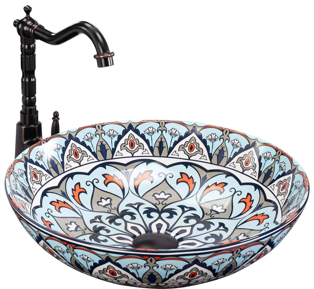 A decorative washbasin with a faucet, presented on a white background.