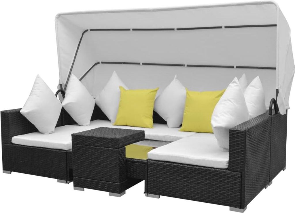 vidaXL 7-tlg. Garten-Lounge-Set mit Sonnendach Poly Rattan Schwarz