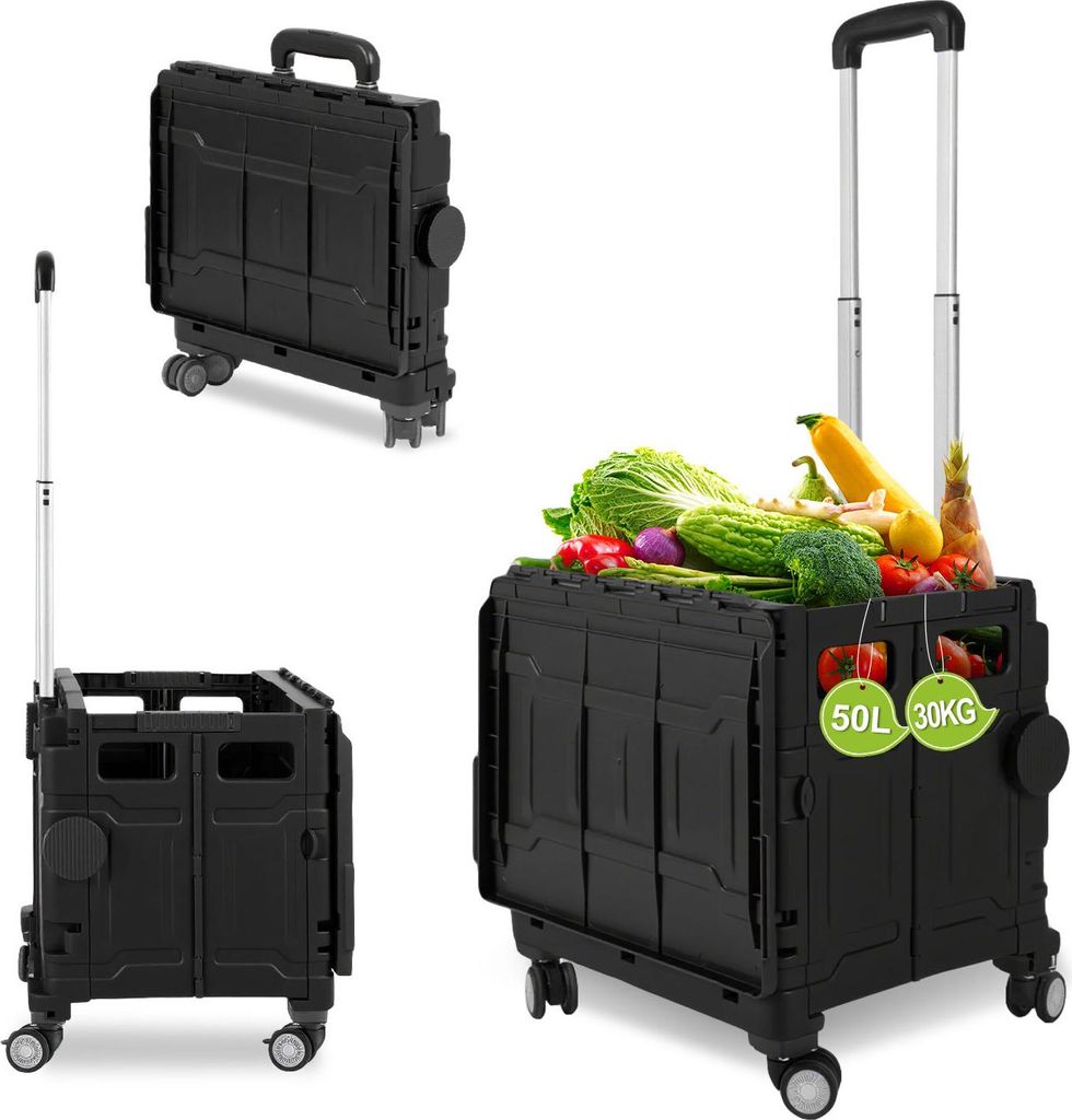 Faziango Schwarz Leichter Falt-Einkaufswagen, 55kg Tragkraft, dreistufig höhenverstellbar, abnehmbare & leise Räder, Bremse