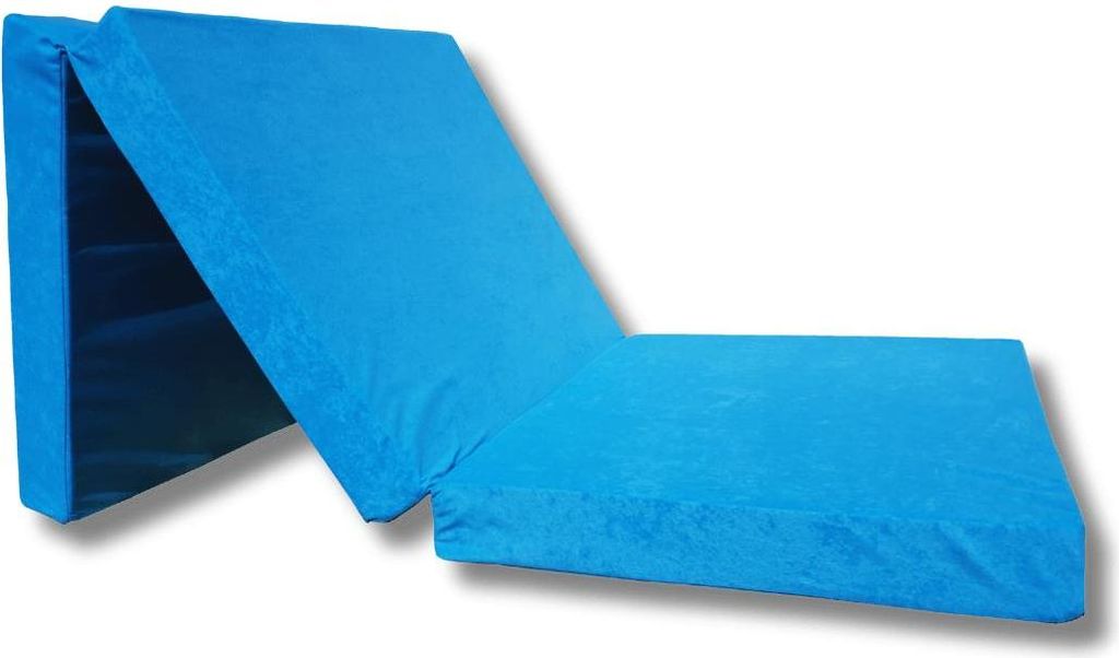 A folded blue mattress is shown on a white background.