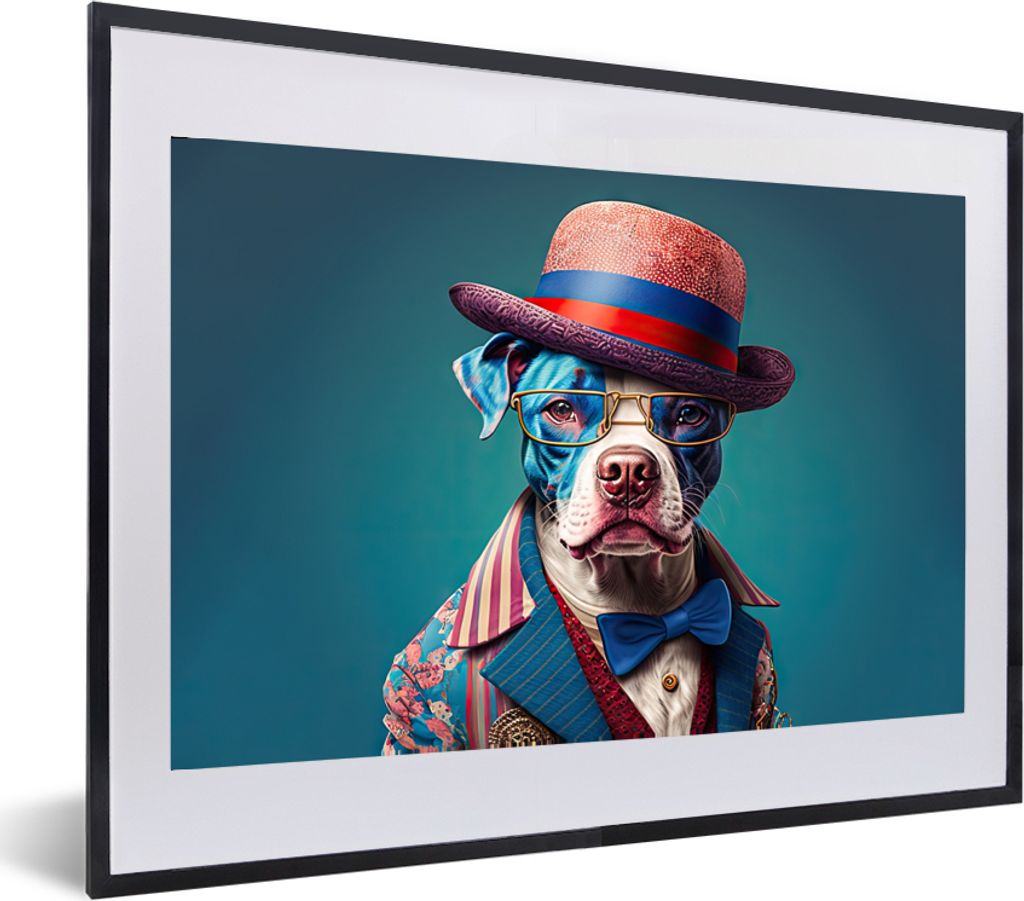 MuchoWow Gerahmtes Poster Hund - Hut - Jacke - Blumen - Blau 60x40 cm - Poster mit Schwarzem Bilderrahmen Wandposter Rahmen Foto Bilder - Schlafz...