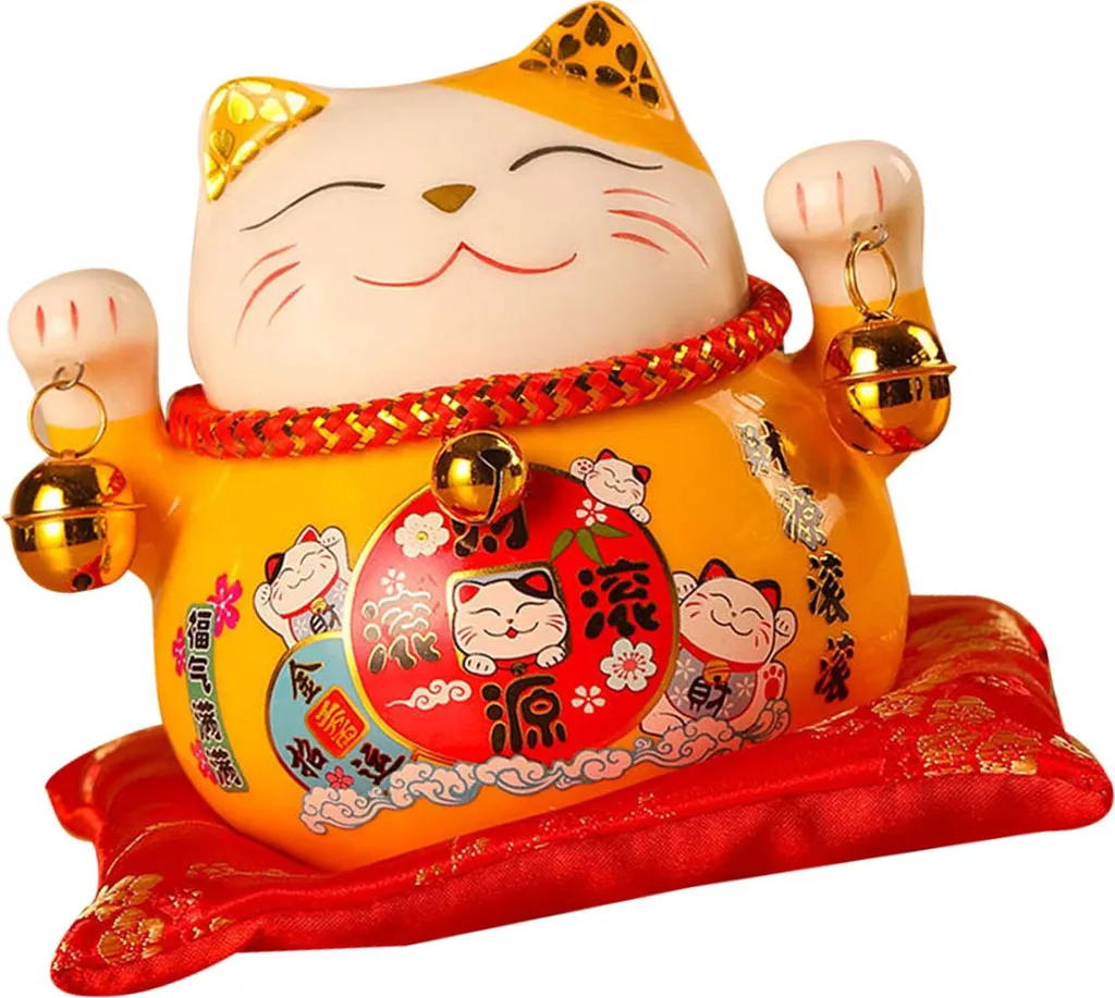 Chat Fortune Céramique Jaune 4.5in - Figurine Porte-Bonheur avec Tirelire