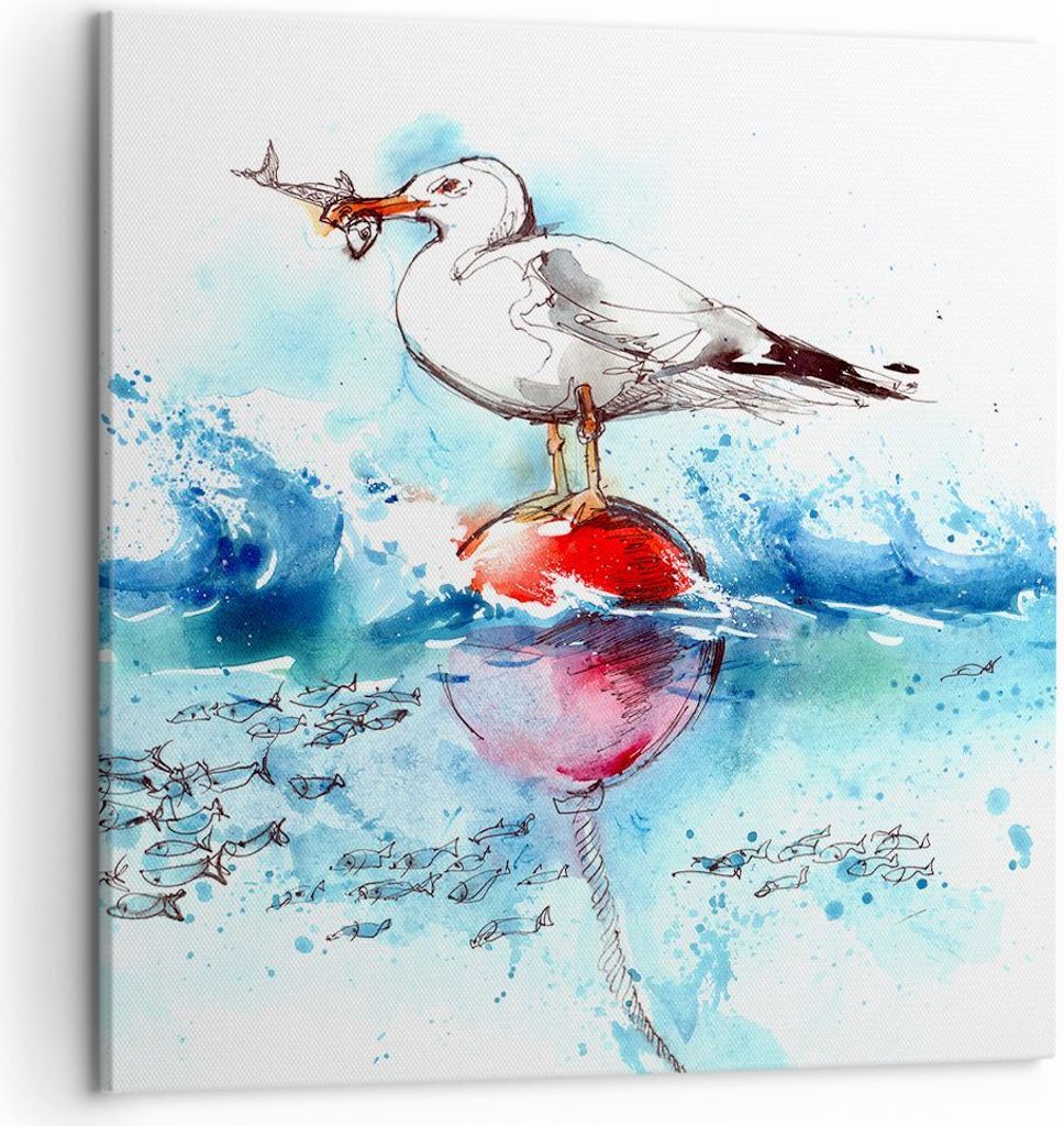 Bild auf Leinwand - Leinwandbild - Wasser Fische Möwe hungrig - 50x50cm - Wand Bild - Wanddeko - Leinwanddruck - Bilder - Kunstdruck - Wanddekorat...