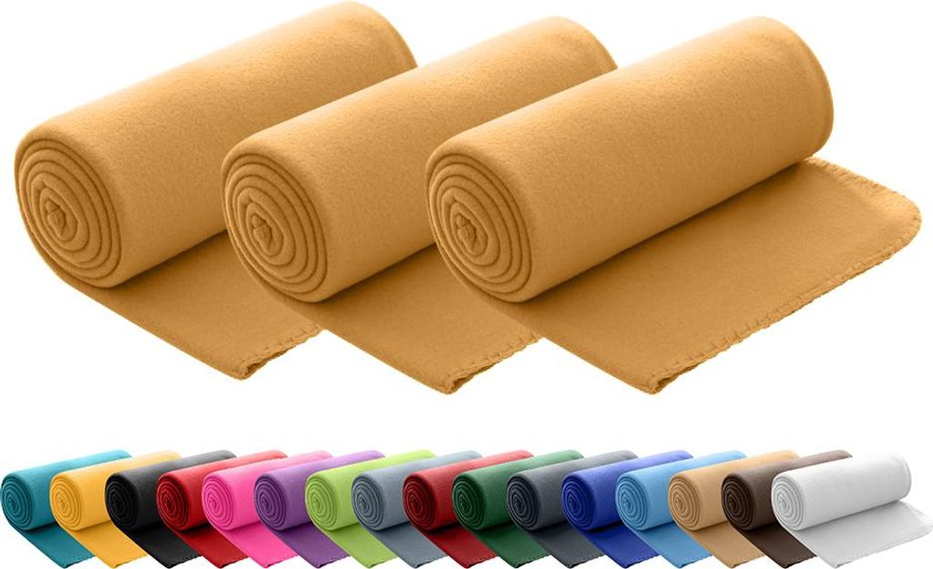 A collage showing rolled up fleece blankets in yellow at the top and a row of rolled up fleece blankets in various colors at the bottom.
