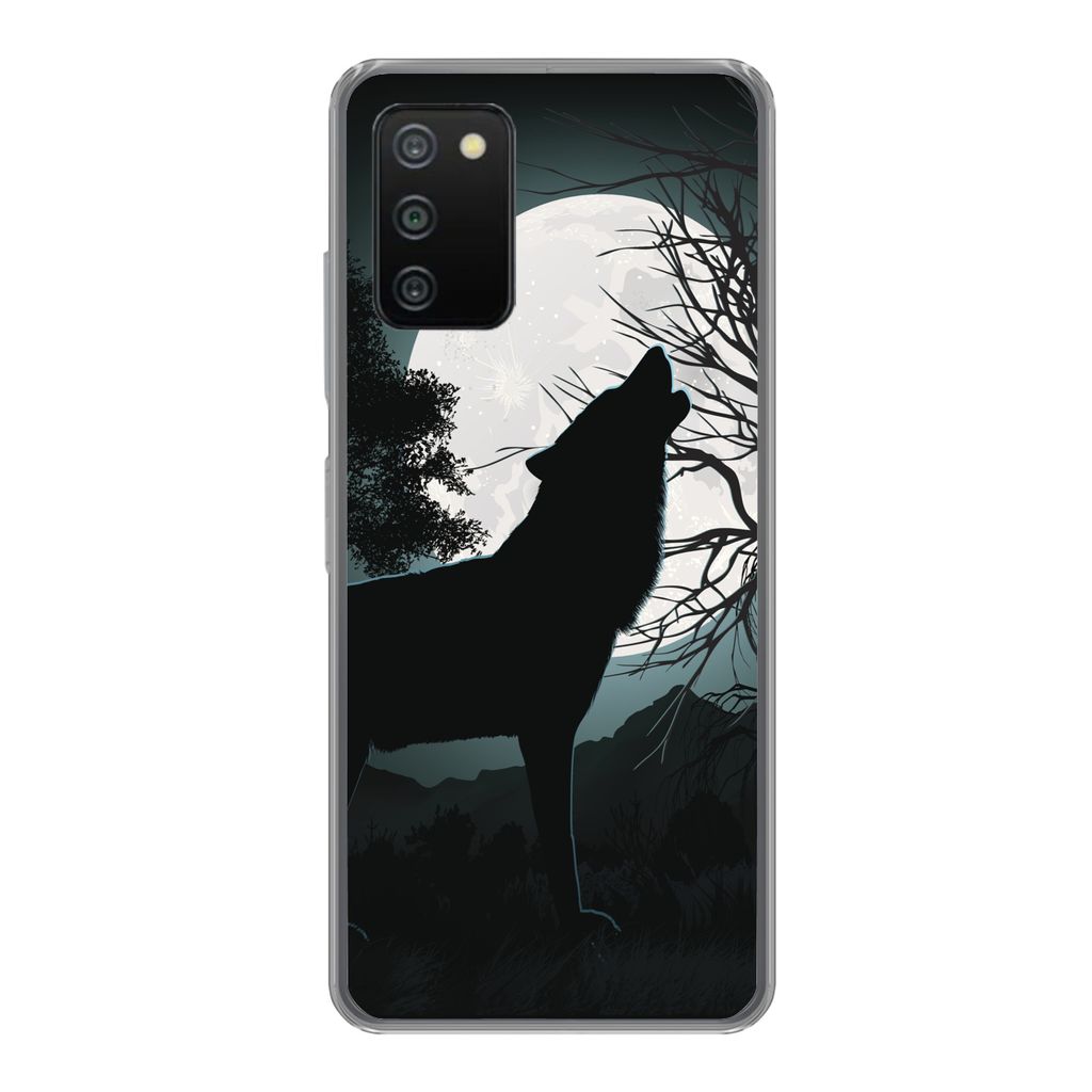 MuchoWow Handyhülle Schutzhülle Hülle für Samsung Galaxy A03s Wolf - Scherenschnitt - Mond Silikon Softcase Handy Hülle - Schutz