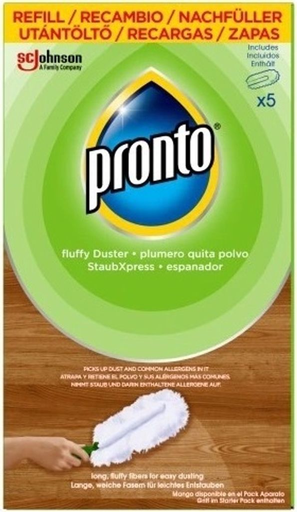 The image shows the packaging for Pronto duster refills, with a graphic of the duster and text in multiple languages.