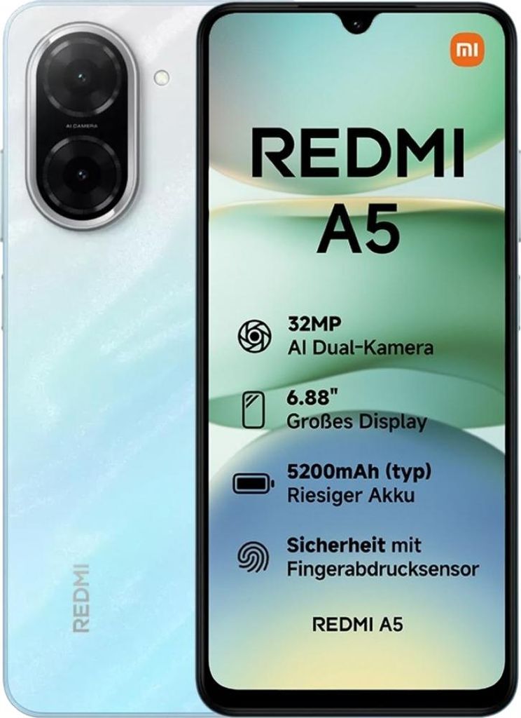 A marketing image of a Xiaomi Redmi A5 smartphone, showcasing its features.