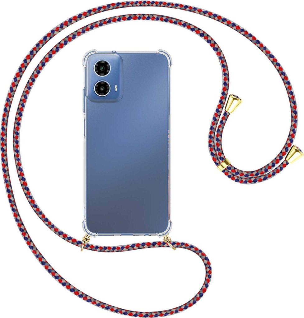 Handykette Backcover-Schutzhülle mit Band (Metall goldfarben) für Motorola Moto G34 5G - silber/blau/rot