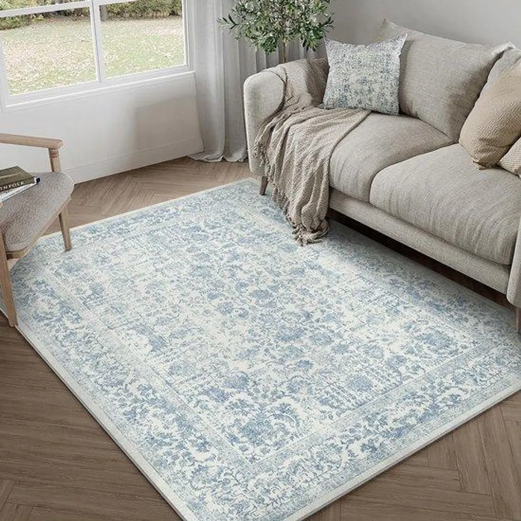 Grand tapis décoratif bleu vintage 90x150 cm pour salon et chambre