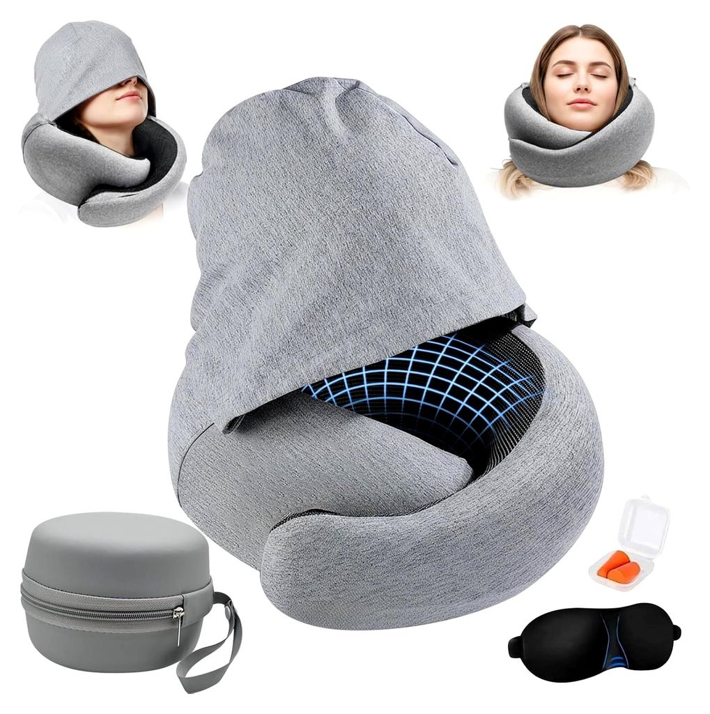 Nackenkissen Flugzeug, Verstellbarer Reisekissen Memory Foam mit Kapuze Unterstützt Kopf Nacken Nackenhörnchen Erwachsene mit Schlafmaske, Ohrst...