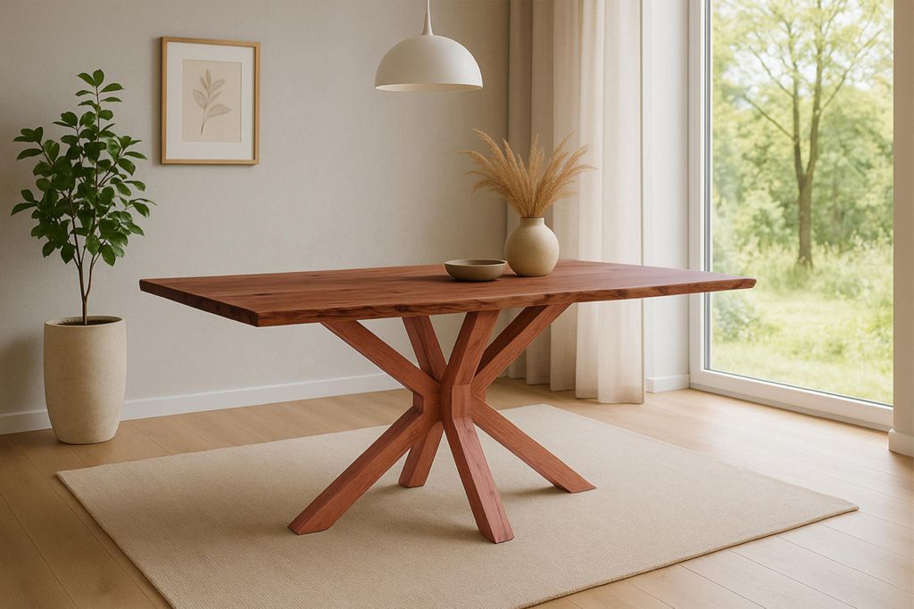 Esstisch Prag | 180 x 90 cm | Akazienholz massiv | Farbe: Nussbaum | echte Baumkante | Spider-Gestell Holz | pflegeleichter Esszimmertisch/Baumkant...