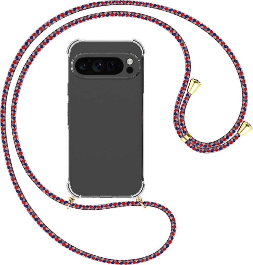 Handykette Backcover-Schutzhülle mit Band (Metall goldfarben) für Google Pixel 9 Pro XL (6.8'') - silber/blau/rot