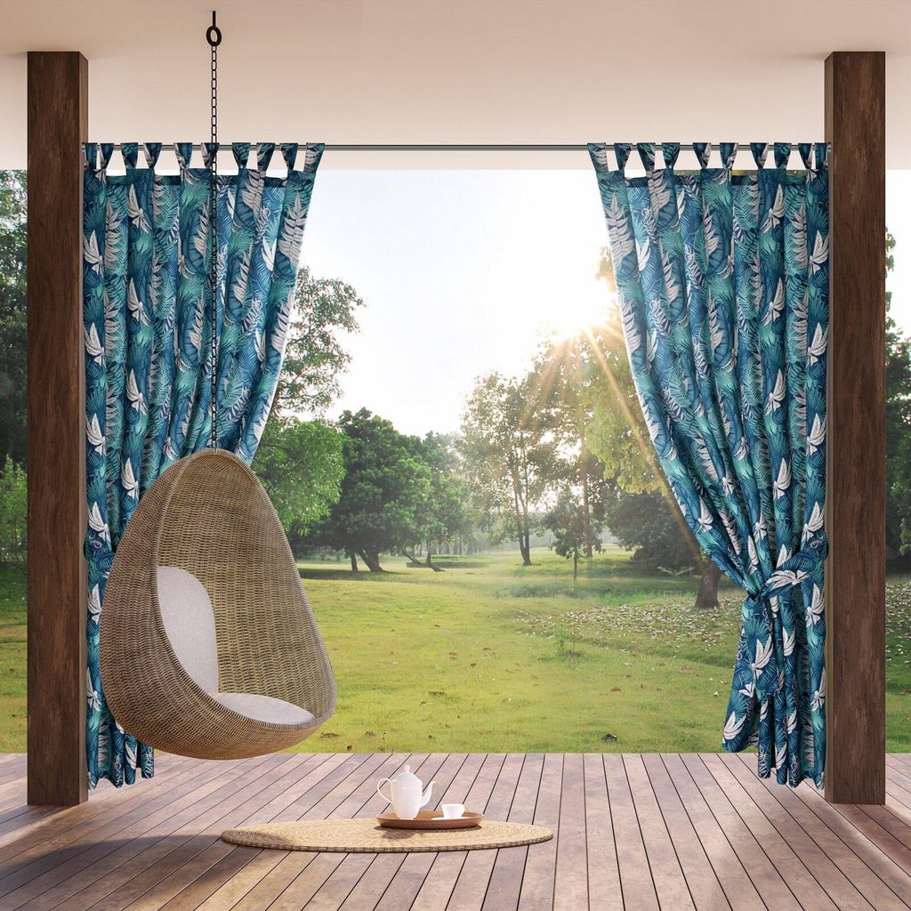 EUROFIRANY | Outdoor Vorhang Gardinen - 155x240 cm - Türkis - Wasserdicht - Botanisches Design - Stilvoller Sichtschutz