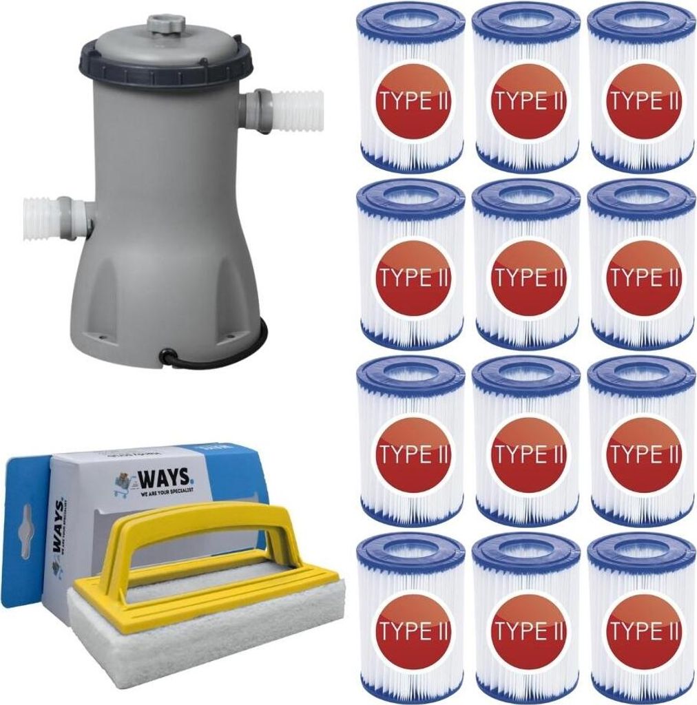 WAYS - Poolpflege - Filterpumpe 3028 L/u & 12 Filter Typ II & WAYS Scheuerbürste