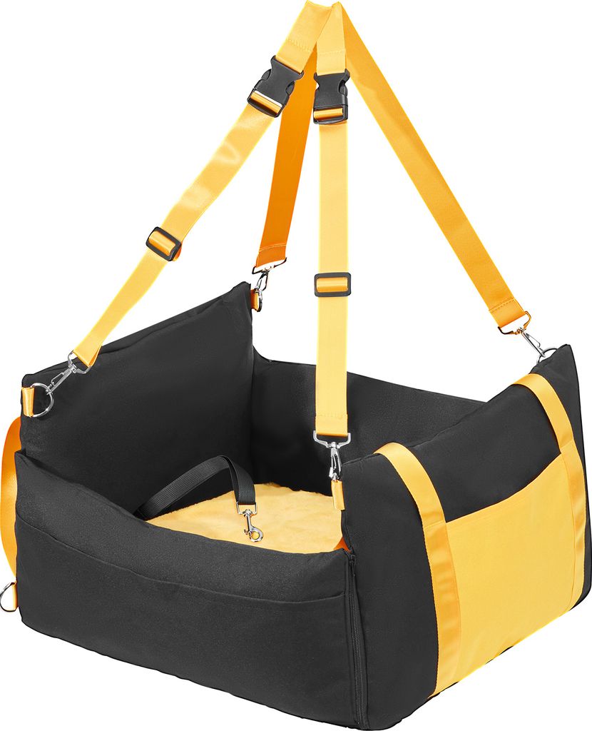 A black and yellow pet car seat with yellow straps and buckles is shown against a white background.