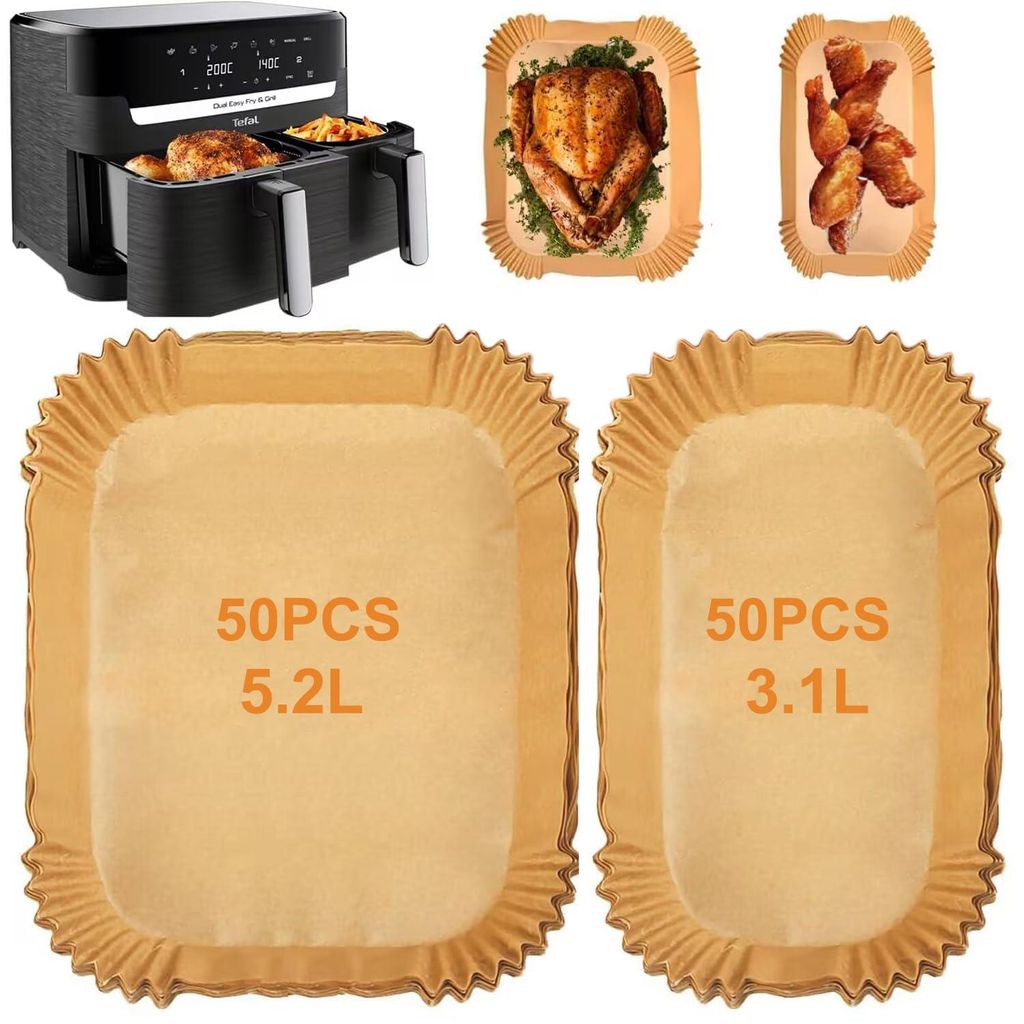 100 Blatt Backpapier für Tefal EY9018 Dual Easy Fry EY905D 5,2/3,1 l, Backpapier für Philips Dual Basket Airfryer der 3000er Serie, Moulinex 8,3 ...