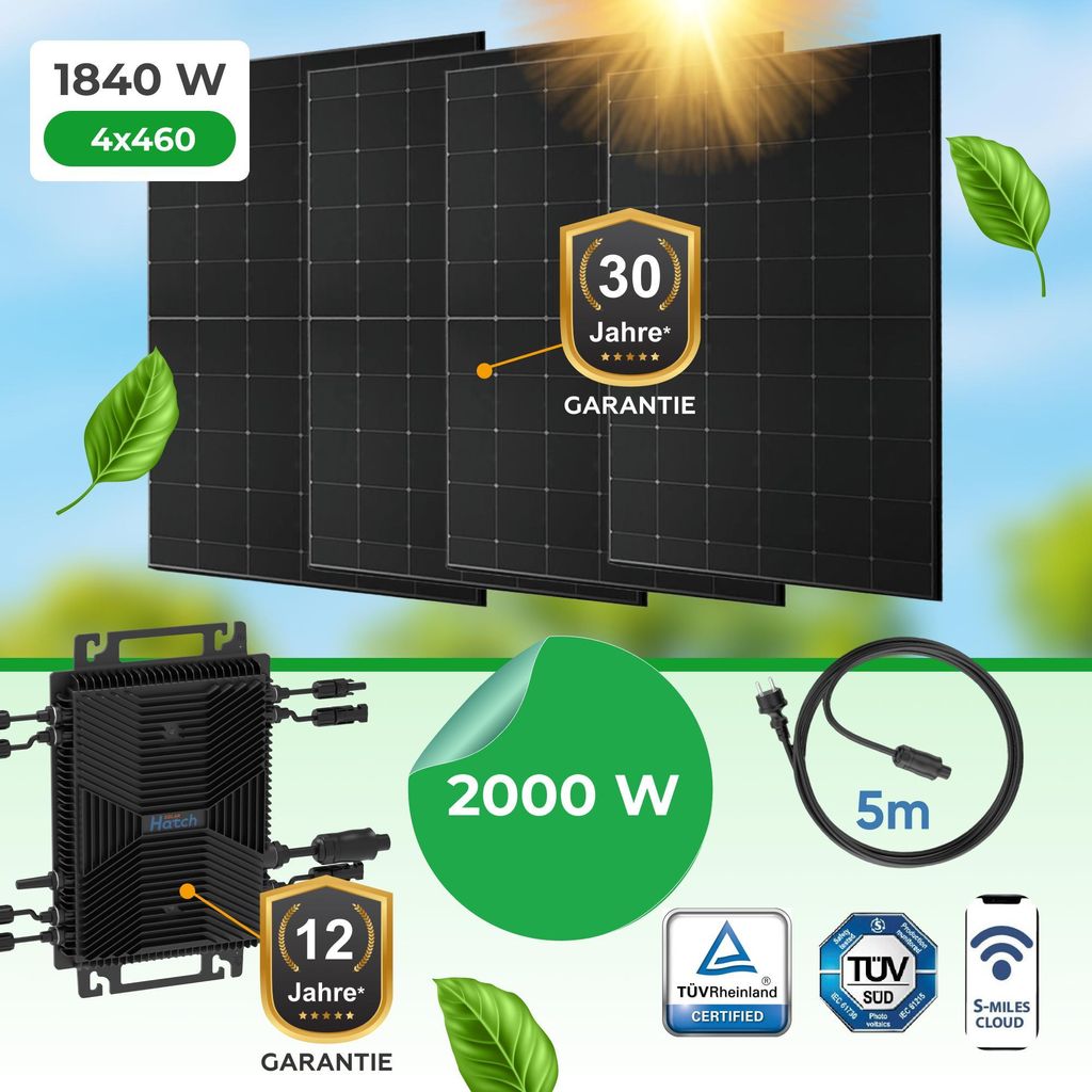 Balkonkraftwerk 1840 Watt (460W Pro Glas-Glas Module, Black Frame) mit 2000 Watt WiFi-Wechselrichter – Komplettset