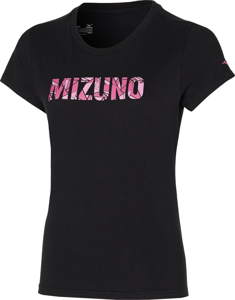 Mizuno Damen T-Shirt Sportshirt Logo Shirt Athletic Tee Schwarz Pink