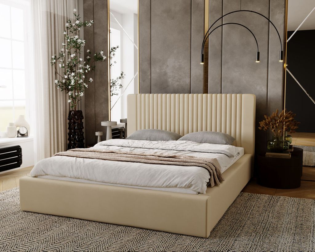 GrainGold Polsterbett Malmo 160x200 cm - Bett 160x200, Polsterbett mit Bettkasten & Lattenrost - Beige (Jupiter 11)