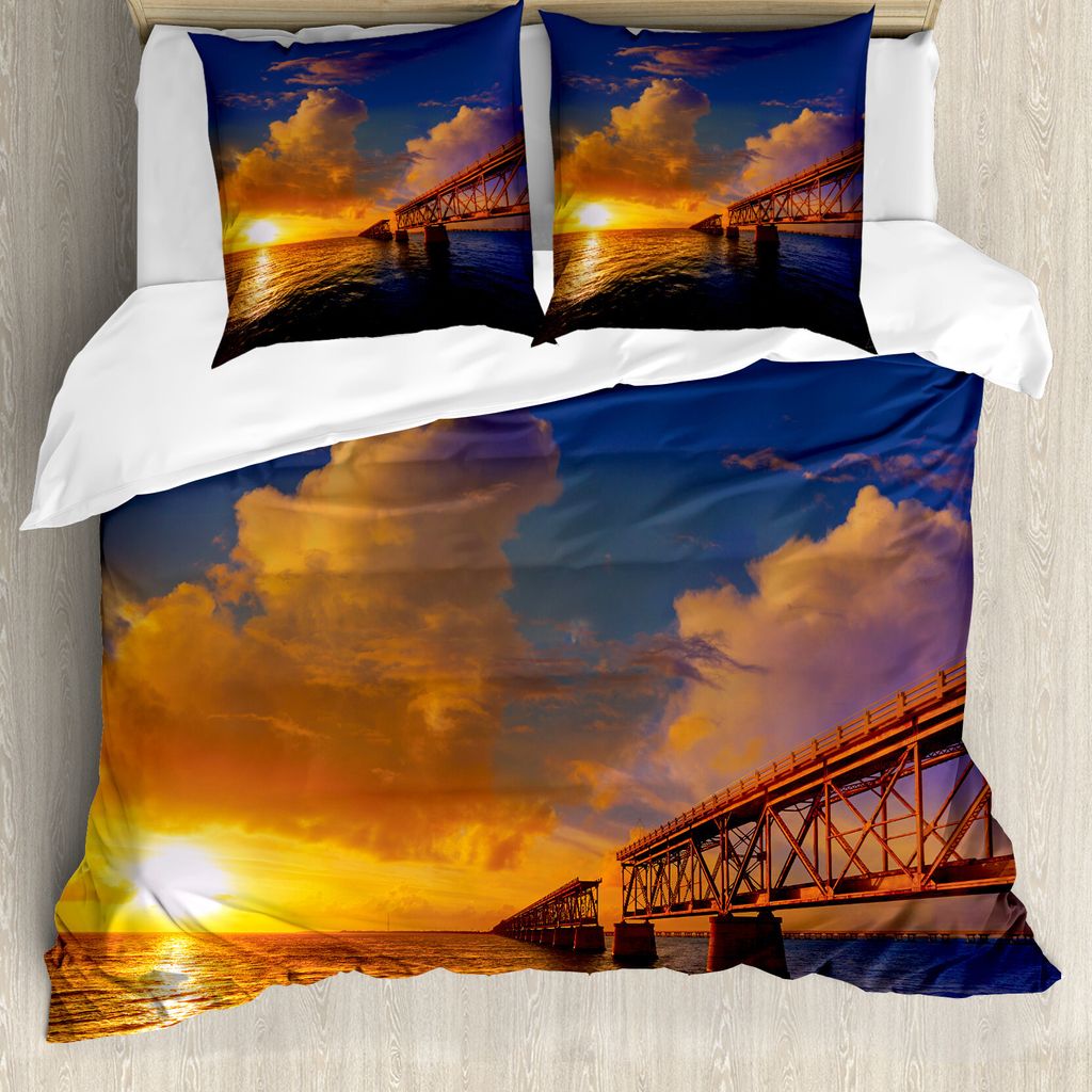 ABAKUHAUS Landschaft Bettbezug, Romantische Landschaft Ozean, Milbensicher Allergiker geeignet mit Kissenbezügen, 200 cm x 200 cm - 80 x 80 cm, Or...