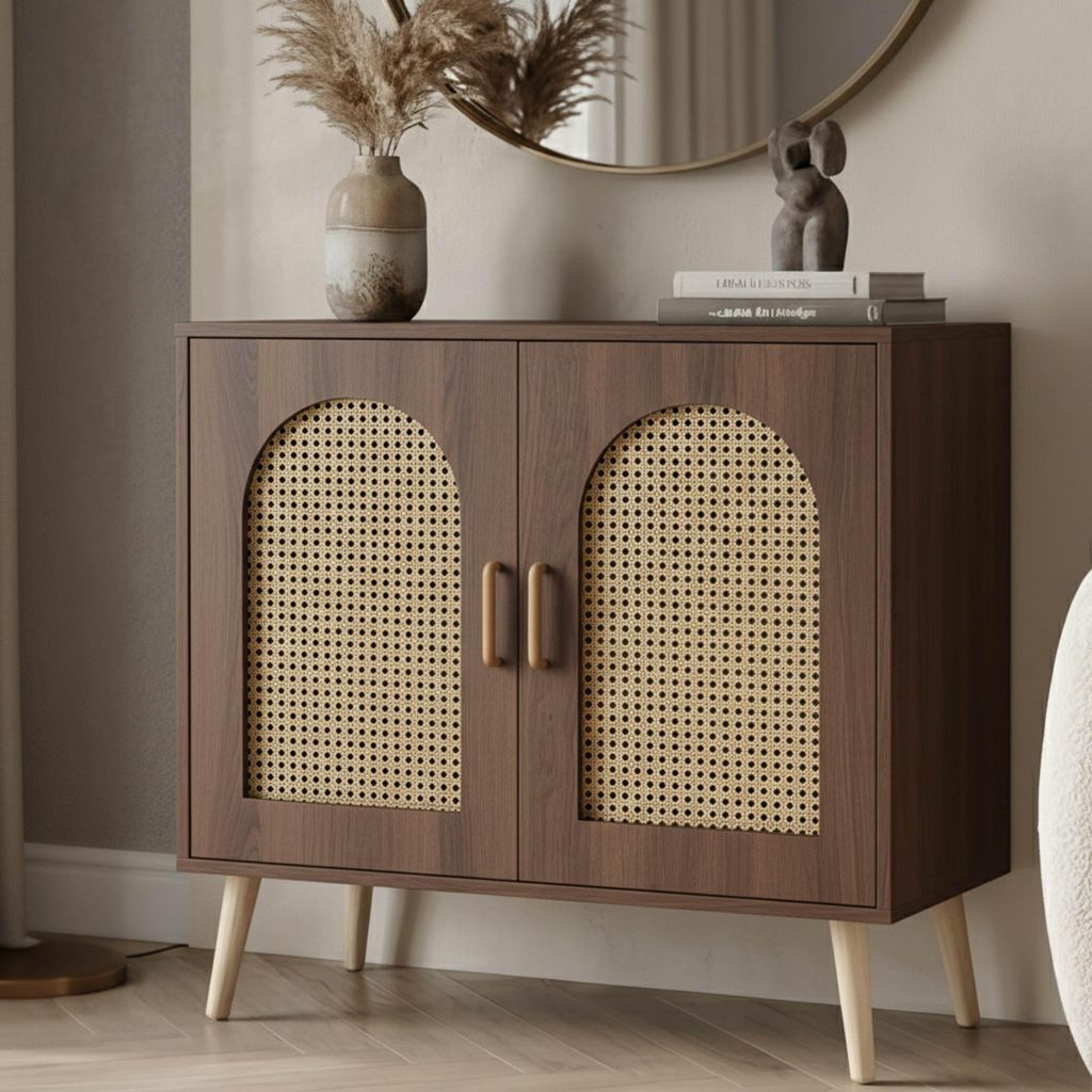 Kommode MCW-P51, Schrank mit Türen Anrichte Staufächer, Poly-Rattan MDF Melamin 79x80x40cm braun