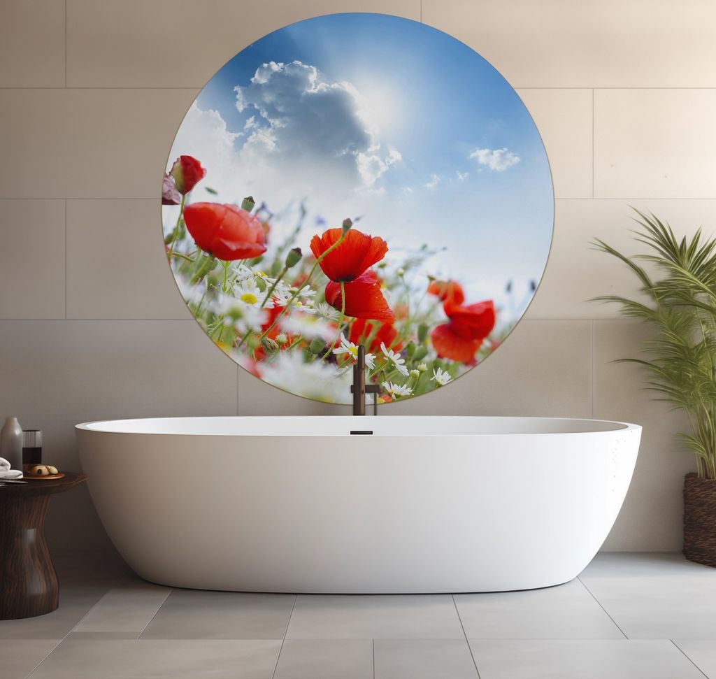 Wallario wasserfestes Poster selbstklebend 120 x 120 cm, Mohnblumen unter blauem Himmel, Badezimmerposter Spritzschutz mit Hochglanzoberfläche in ...