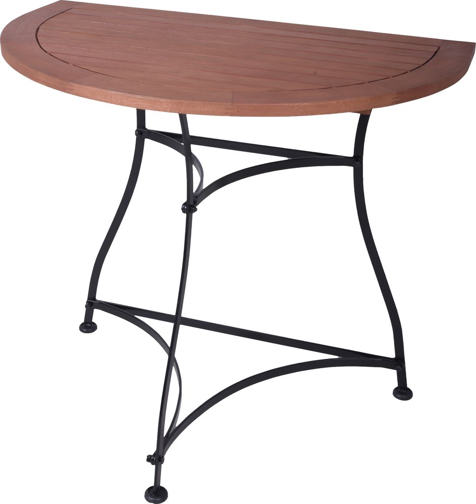 A half-round wooden table with a black metal base, shown against a white background.