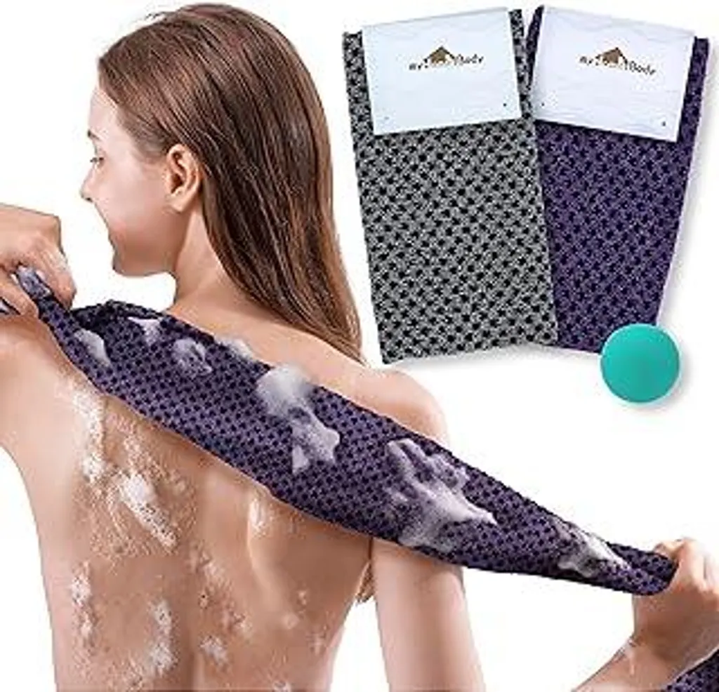 myHomeBody Salvietta esfoliante extra lunga | Salvietta giapponese | Texture 3D Obsidian and Raisin Dots, set da 2 con spazzola per il viso in omaggio