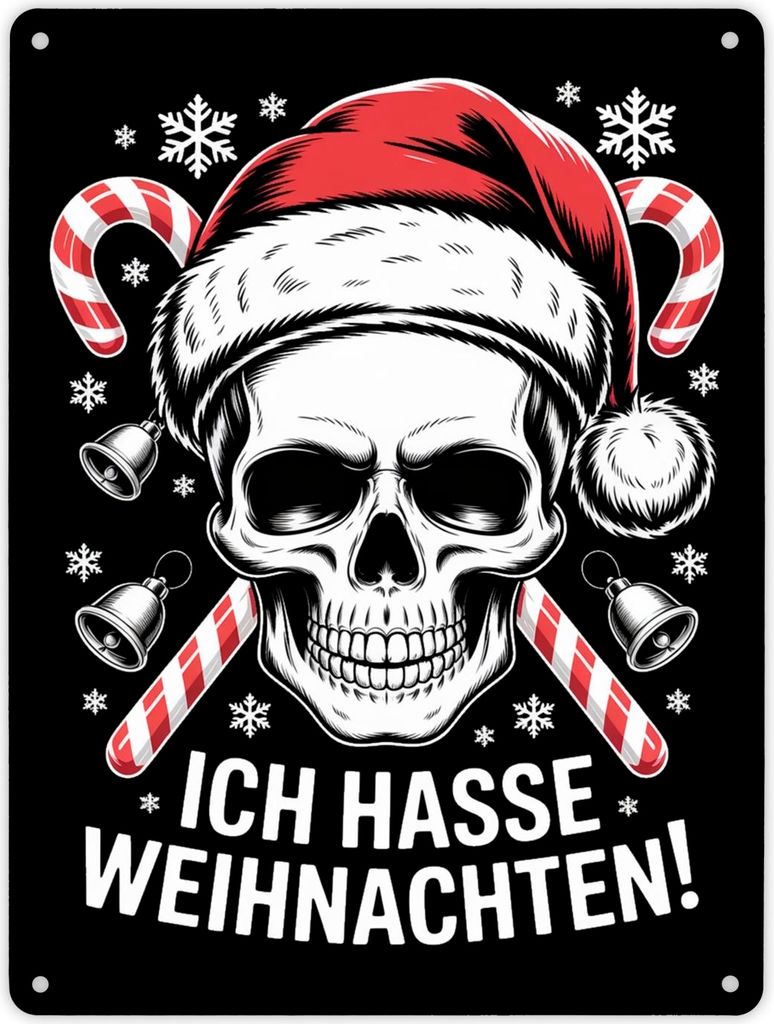 Totenkopf Weihnachtsmann Metallschild XL in 21x28 cm - Ich hasse Weihnachten