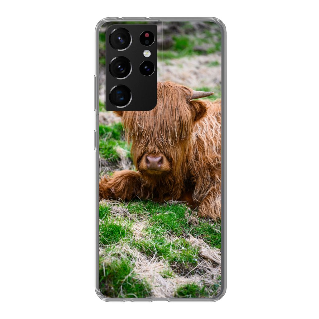 MuchoWow Handyhülle Schutzhülle Hülle für Samsung Galaxy S21 Ultra Schottischer Highlander - Heu - Gras Silikon Softcase Handy Hülle - Mobil...