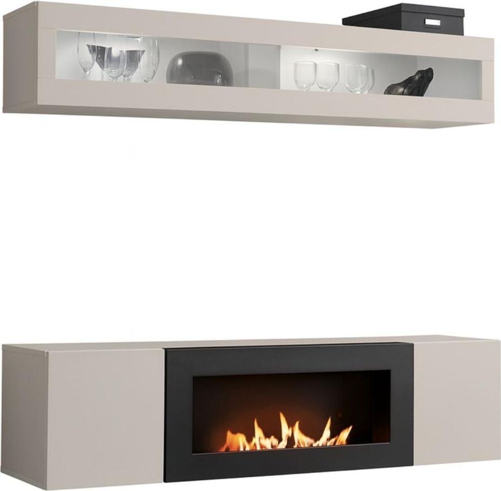 Wandkomposition FLY Kaschmir mit horizontaler Vitrine und Bio-Ethanol Kamin-TV-Möbel