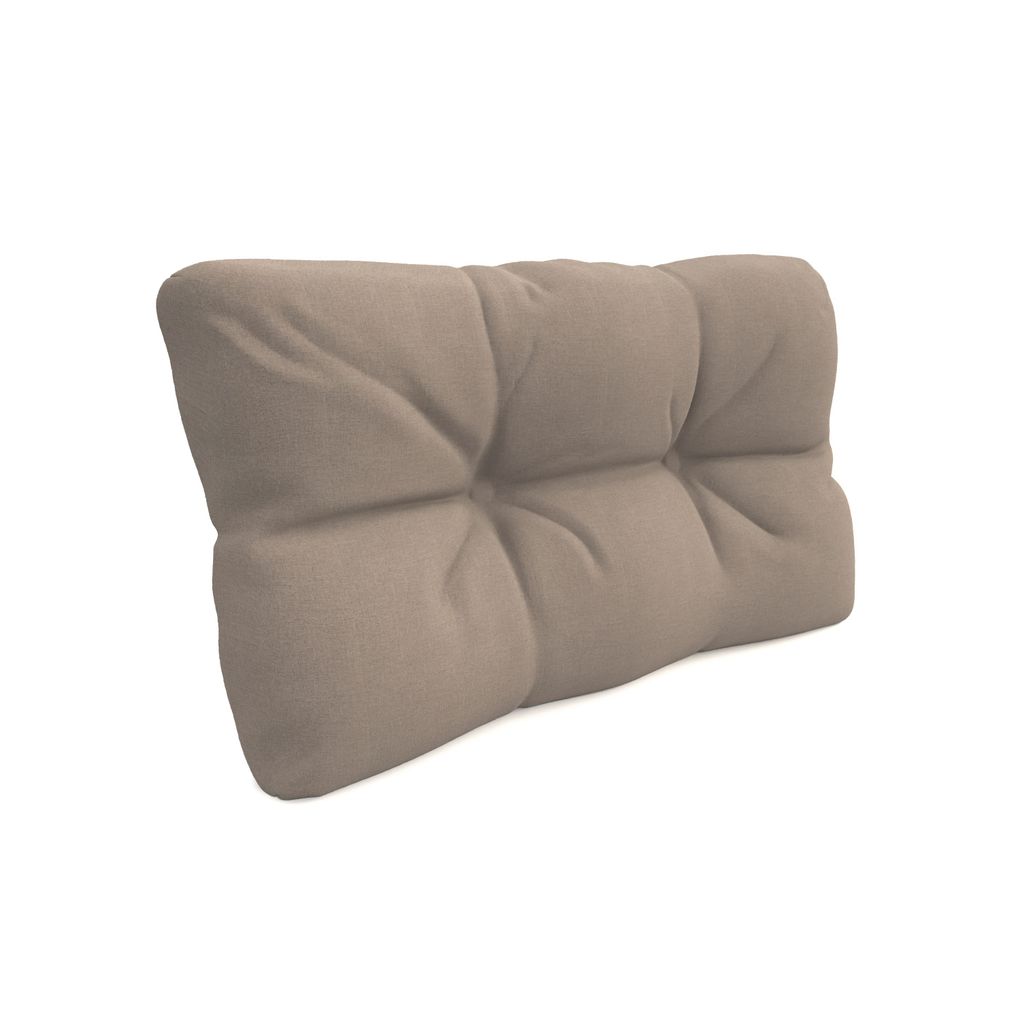 A single beige tufted cushion is shown against a white background.